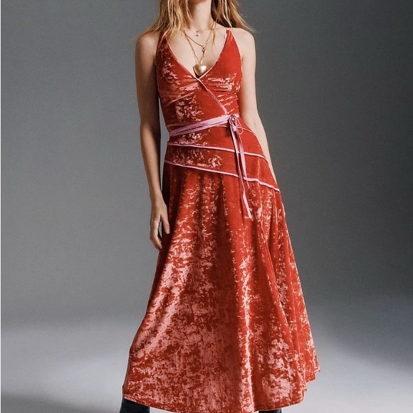 Free People Velvet Wrap Midi Dress in Red - Picture 1 of 2